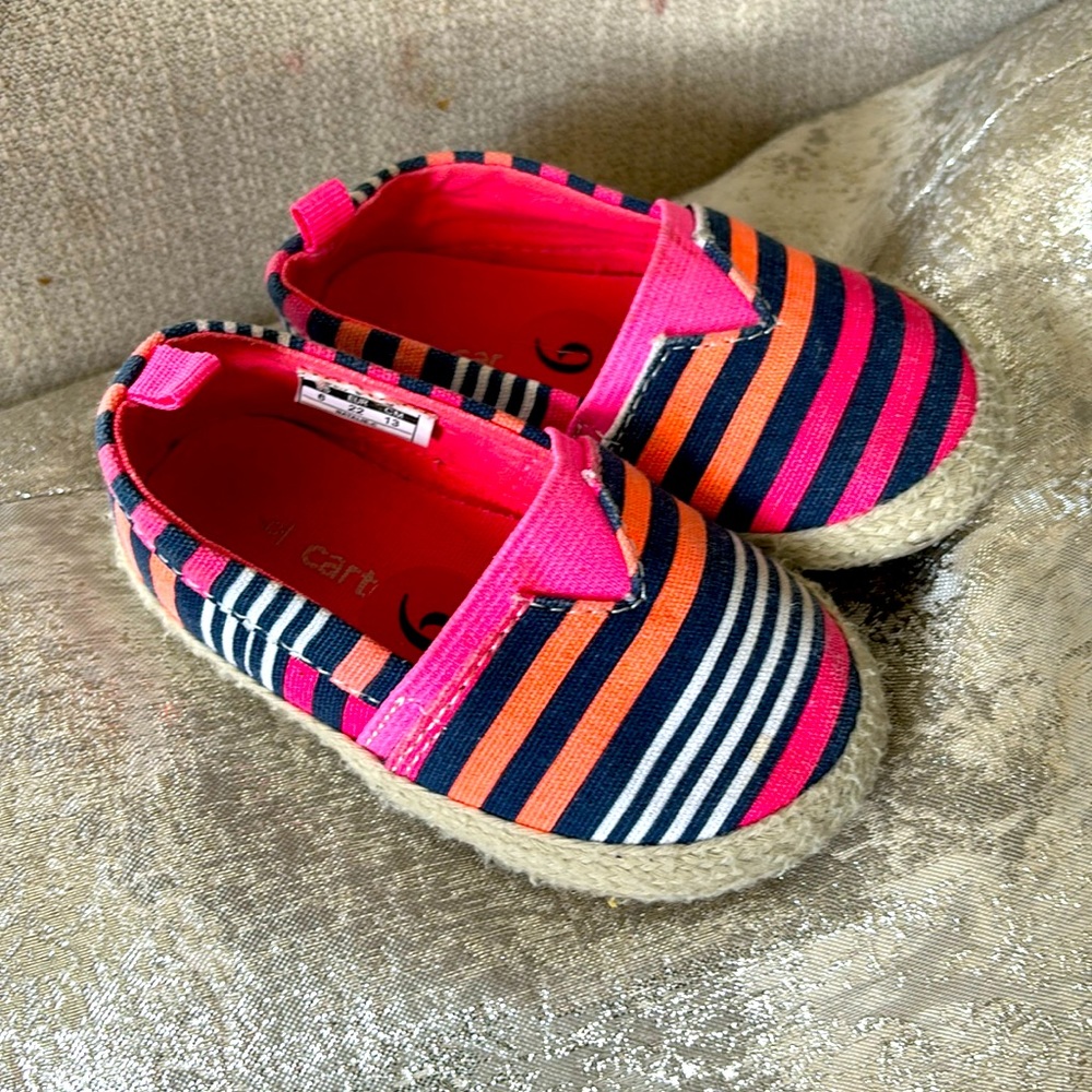 Blue, orange, pink & white striped slip ons size 6 toddler. *3